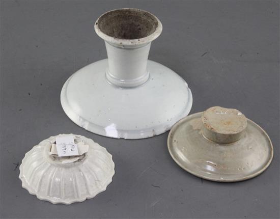 A Chinese Qingbai cup stand, Song dynasty, a Wanli petal lobed small dish or stand, and a Qing dynasty porcelain stem dish, diameter 7.